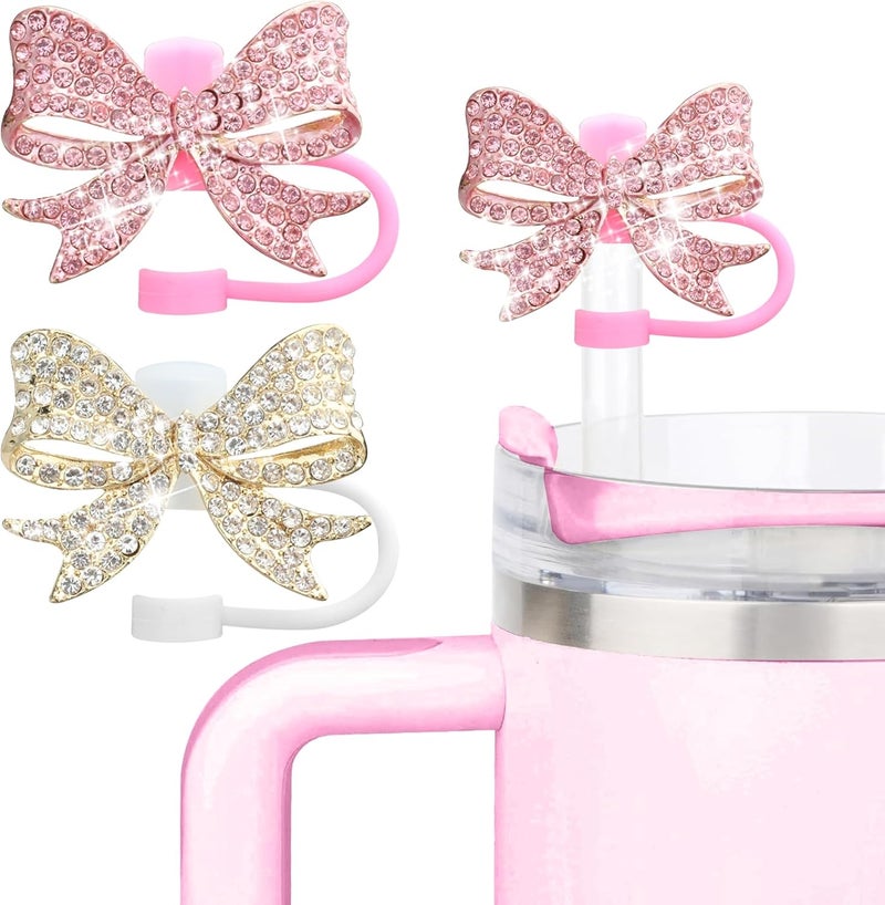 SEMATA 2PCS Cute Bow Straw Cover Cap for Stanley Cup Accessories,Bling Crystals Straw Toppers for Stanley Tumbler 40&30 oz,Rhinestone Reusable Straws Tips Protectors Compatible with 10mm Straws - Image 1